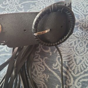 Black Fringe Faux Leather Waist Belt with Wrapped Round Buckle